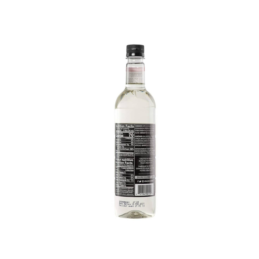 DaVinci Gourmet coconut syrup bottle back view with ingredient details