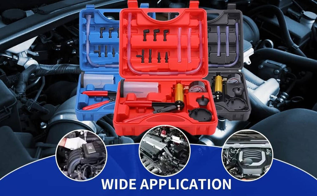 Red vacuum pump kit tray with adapters, gauge, and hose components inside blue case