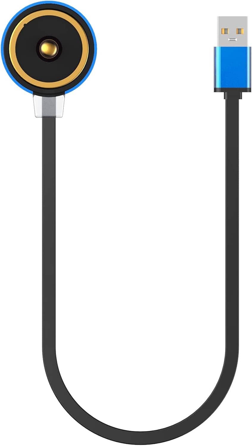 Magnetic charging cable with round gold-and-blue connector and USB-A plug
