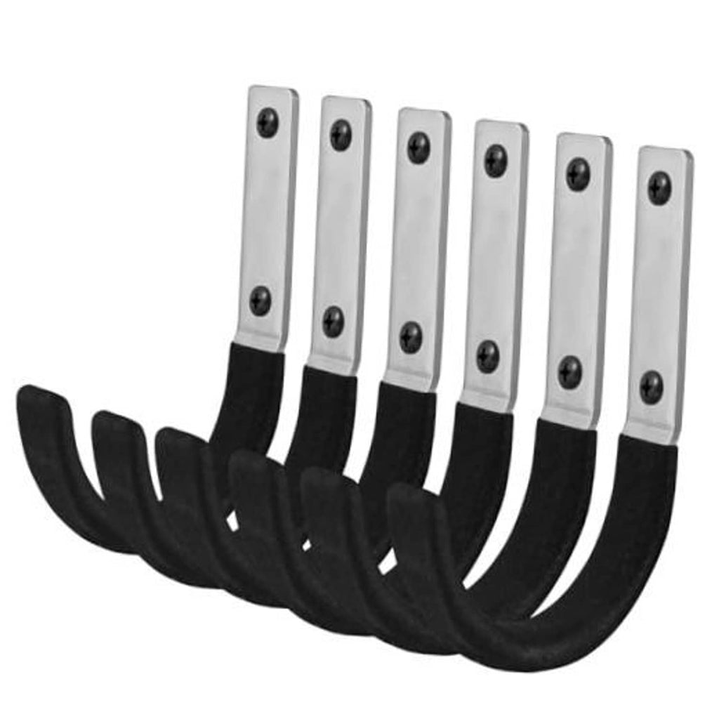 Garage utility hook set with six black curved hangers and silver mounting plates