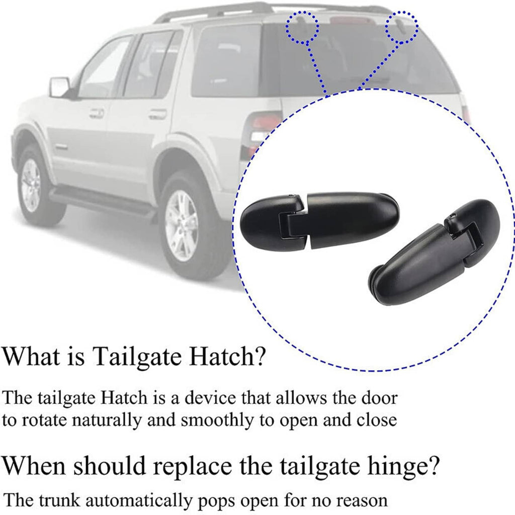 Two black tailgate hatch hinge pieces shown in inset circle