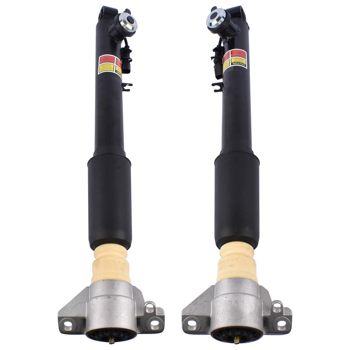Set of two black electronic shock strut assemblies with mounting brackets and rubber dust boots