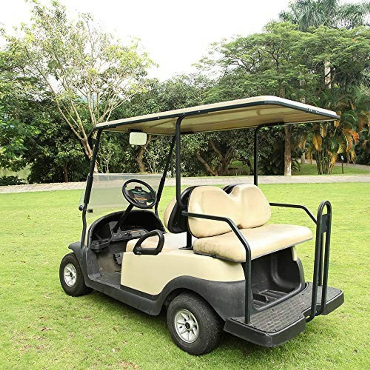 Golf cart rear-view panoramic mirror mounted on the front roof frame