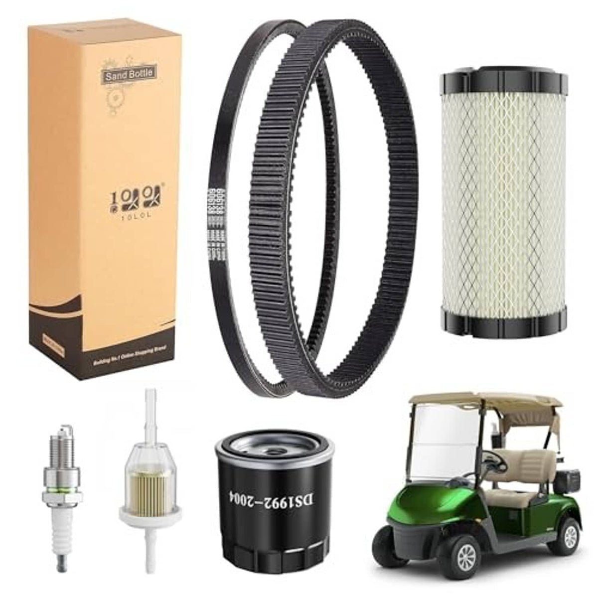 Golf cart tune-up kit components: drive belts, air filter cylinder, spark plugs, oil filter
