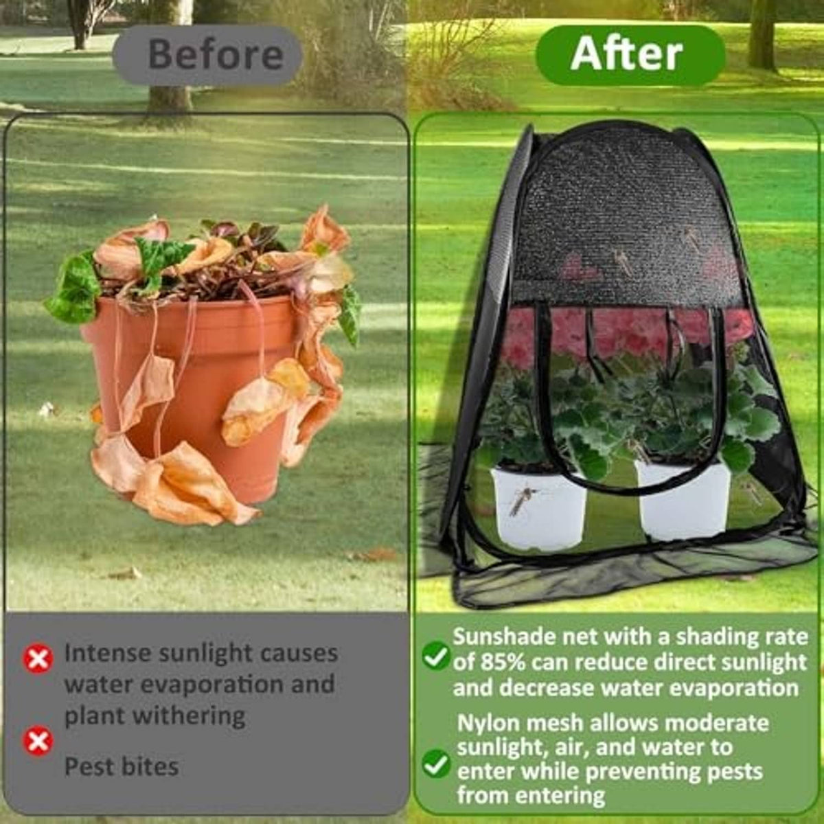 Black mesh plant shade tent with zip door and oval canopy, plus hanging round cover