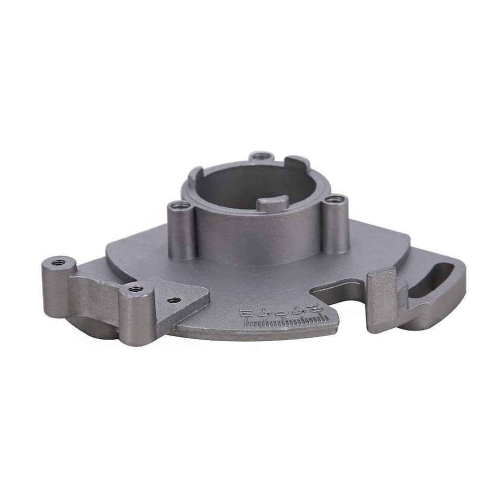 Gray timing plate base with central ring opening, side tabs, and engraved scale