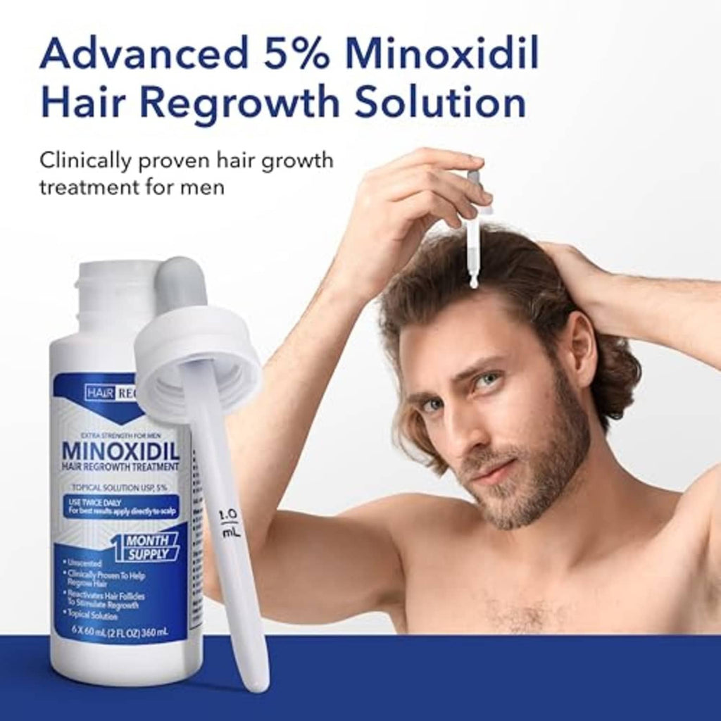 Minoxidil 5% hair regrowth solution bottle and dropper applicator