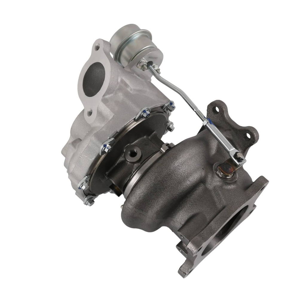Turbocharger assembly with inlet flange, bracket, and curved coolant hose