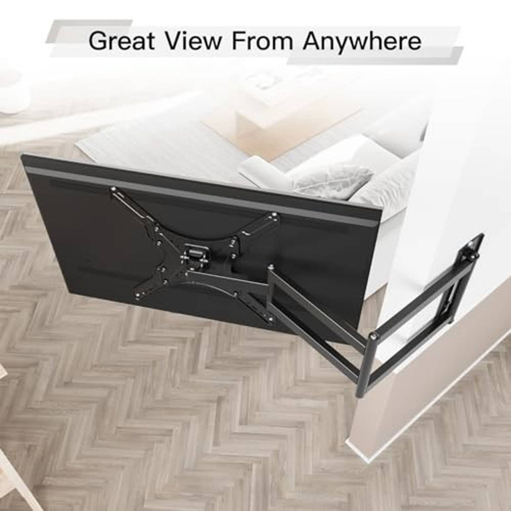 Black TV wall mount bracket with long arm supporting a flat TV panel
