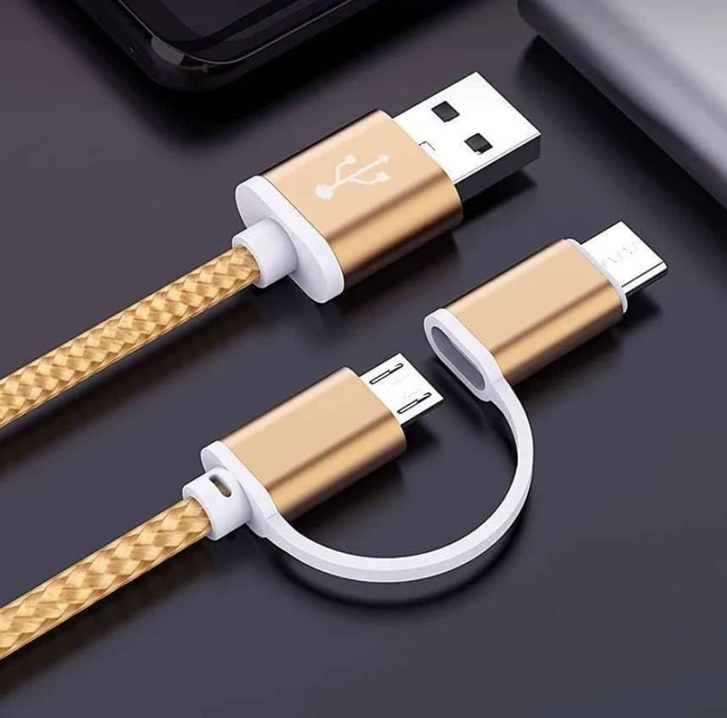 Braided gold USB power cord with white strain-relief sleeves and dual charging plugs