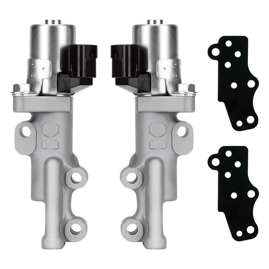 Two variable timing solenoids with silver metal bodies and included black mounting plates