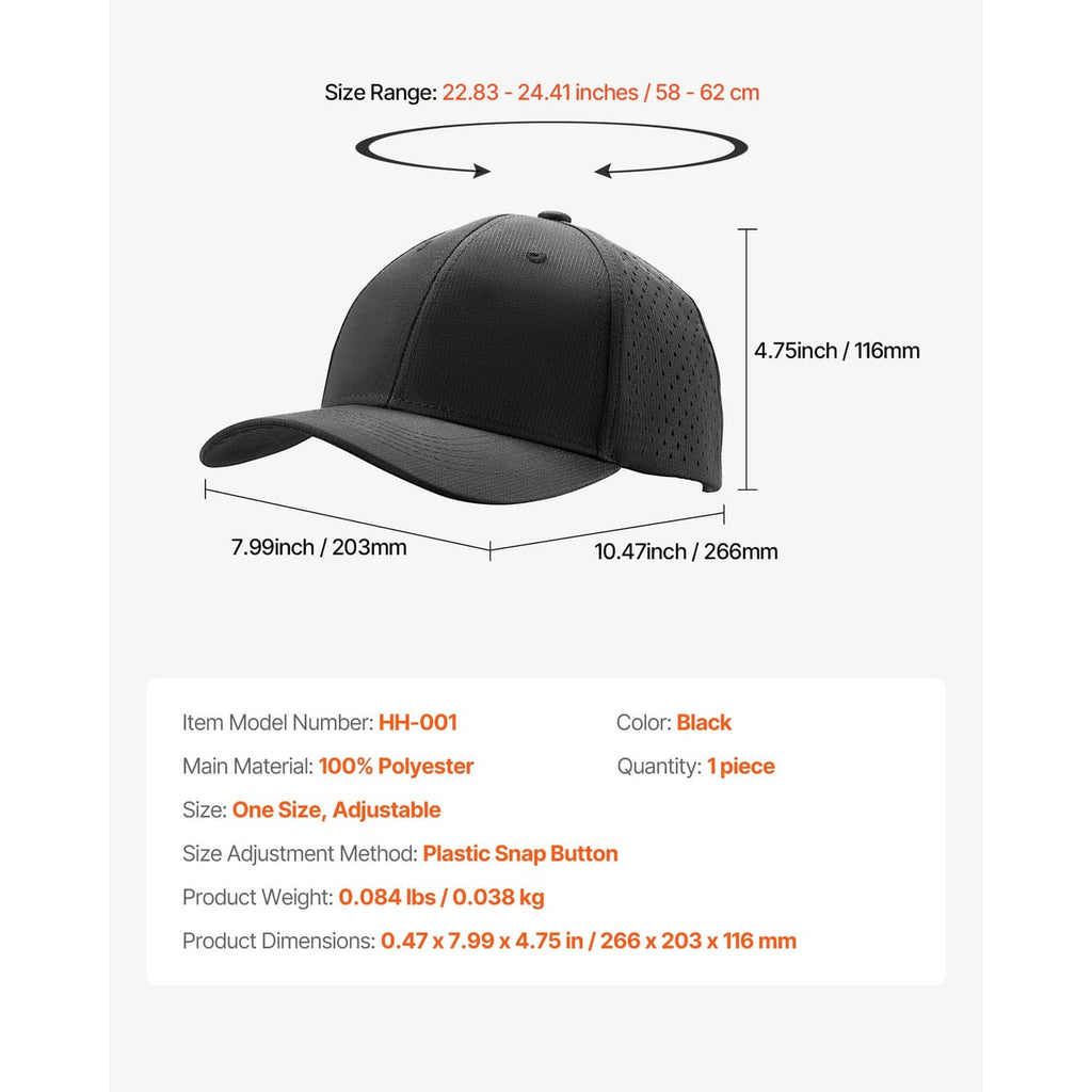 Black baseball cap with curved brim, perforated side panels, adjustable snap back