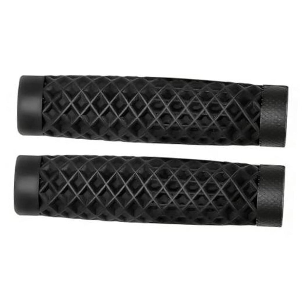 Pair of black bicycle handlebar grips with diamond crisscross texture and flared ends