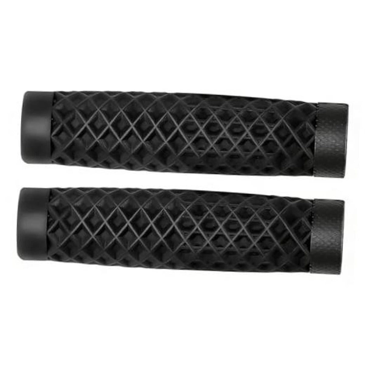 Pair of black bicycle handlebar grips with diamond crisscross texture and flared ends