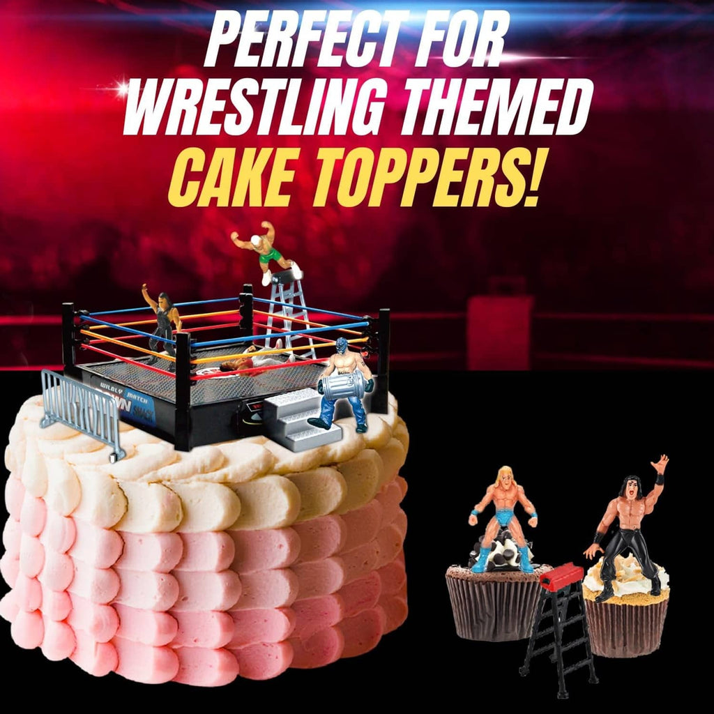 Mini wrestling ring with small action figures on top of a round cake