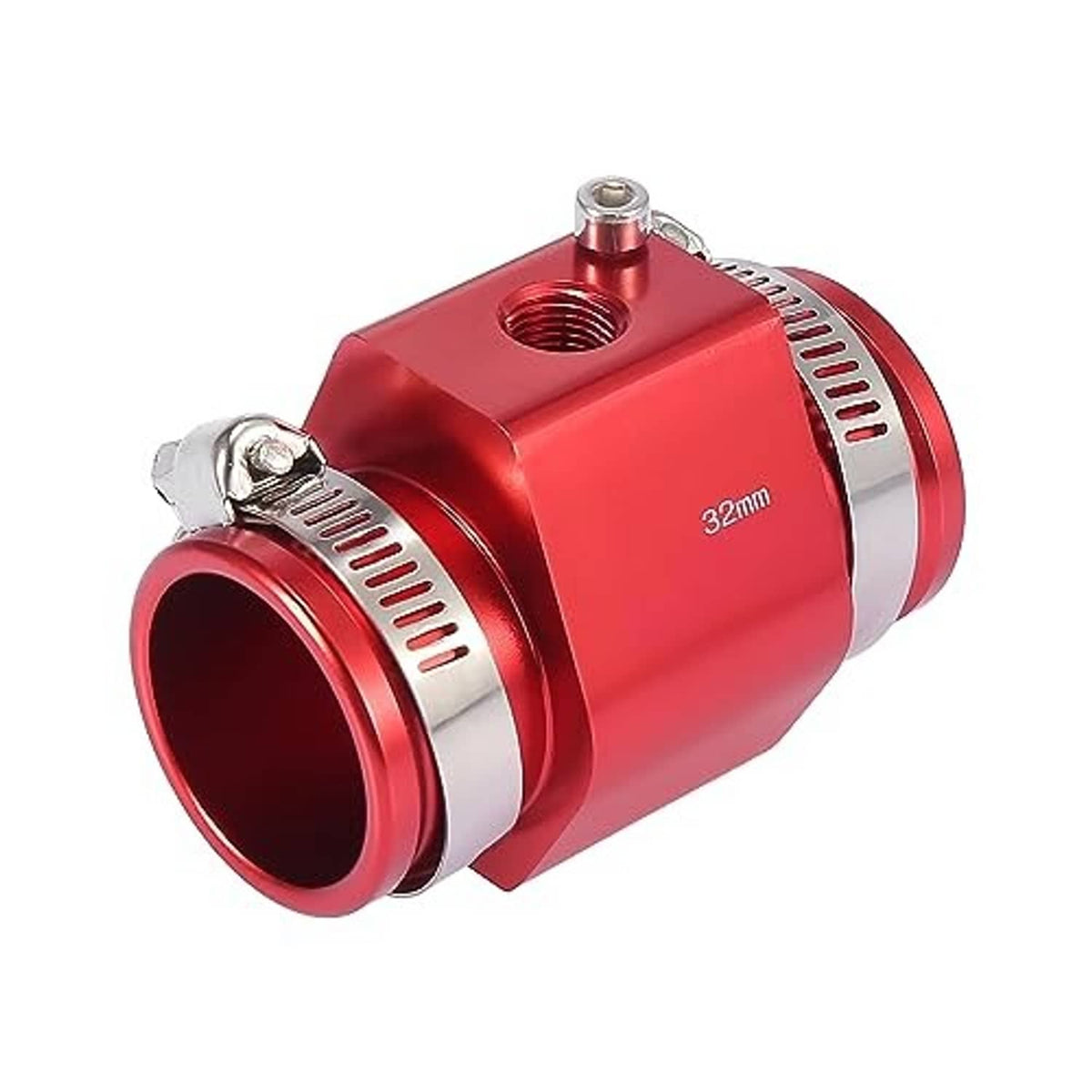 Red 32mm aluminum hose adapter for coolant temperature sensor, with threaded inlet