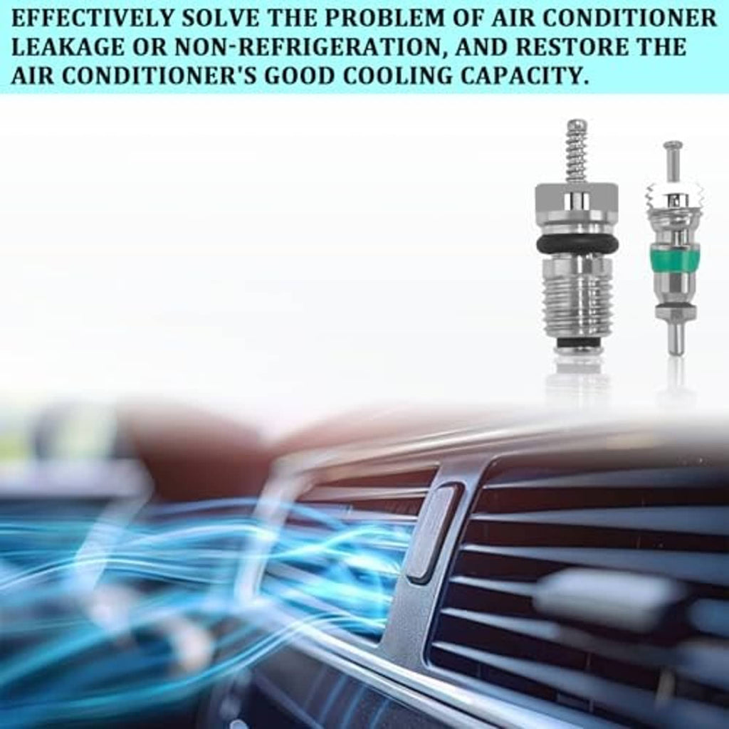 Car AC valve core kit with two silver metal valve cores and a green O-ring