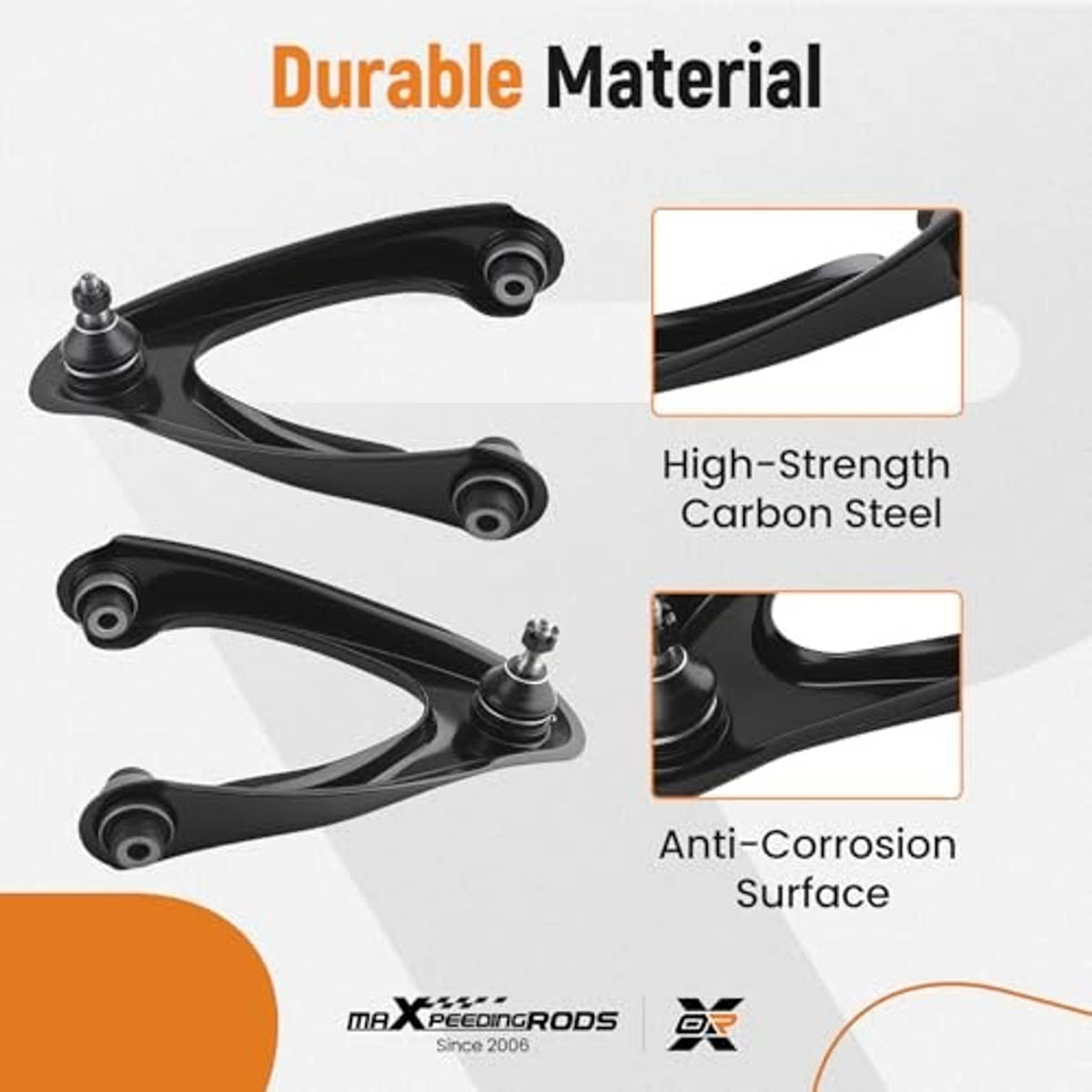 Front upper control arm pair with ball joints and connecting bushings, black metal