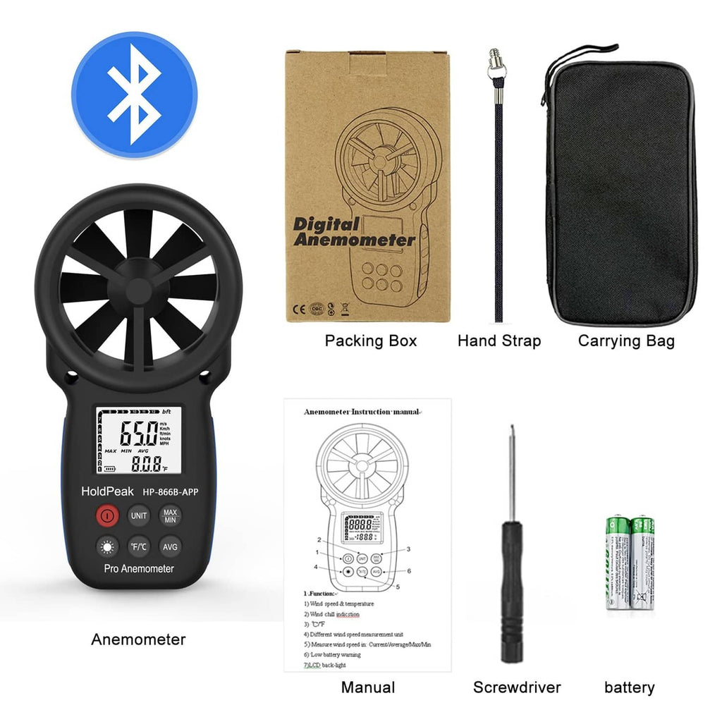 Black digital anemometer kit with hand strap, carrying bag, manual, and battery