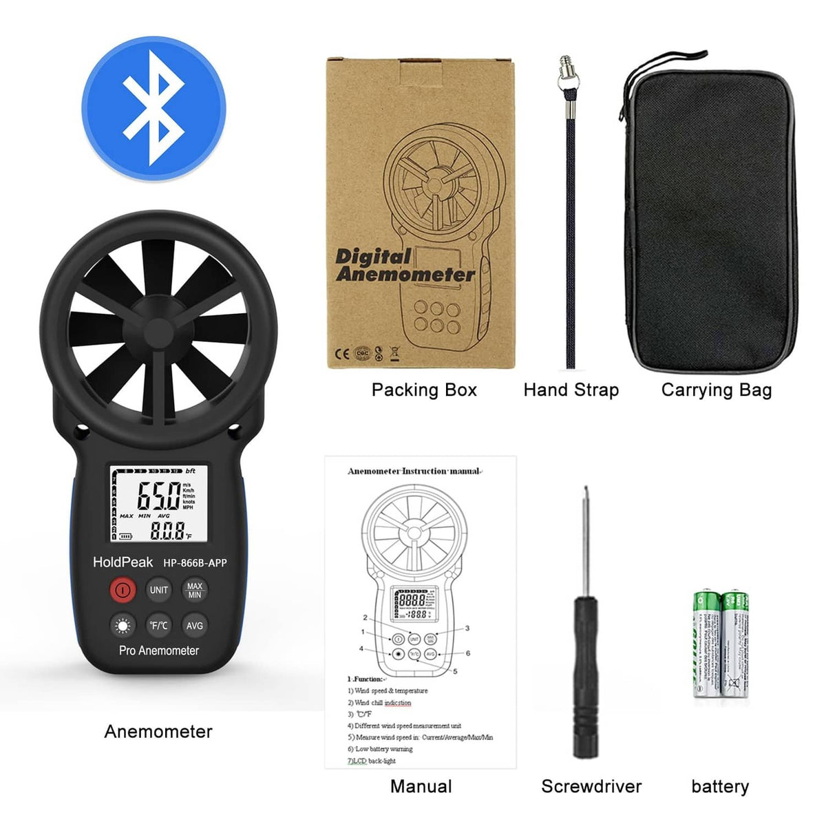 Black digital anemometer kit with hand strap, carrying bag, manual, and battery