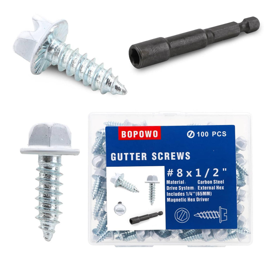 White-painted self-tapping gutter screws with hex drive tips, 100-pack set