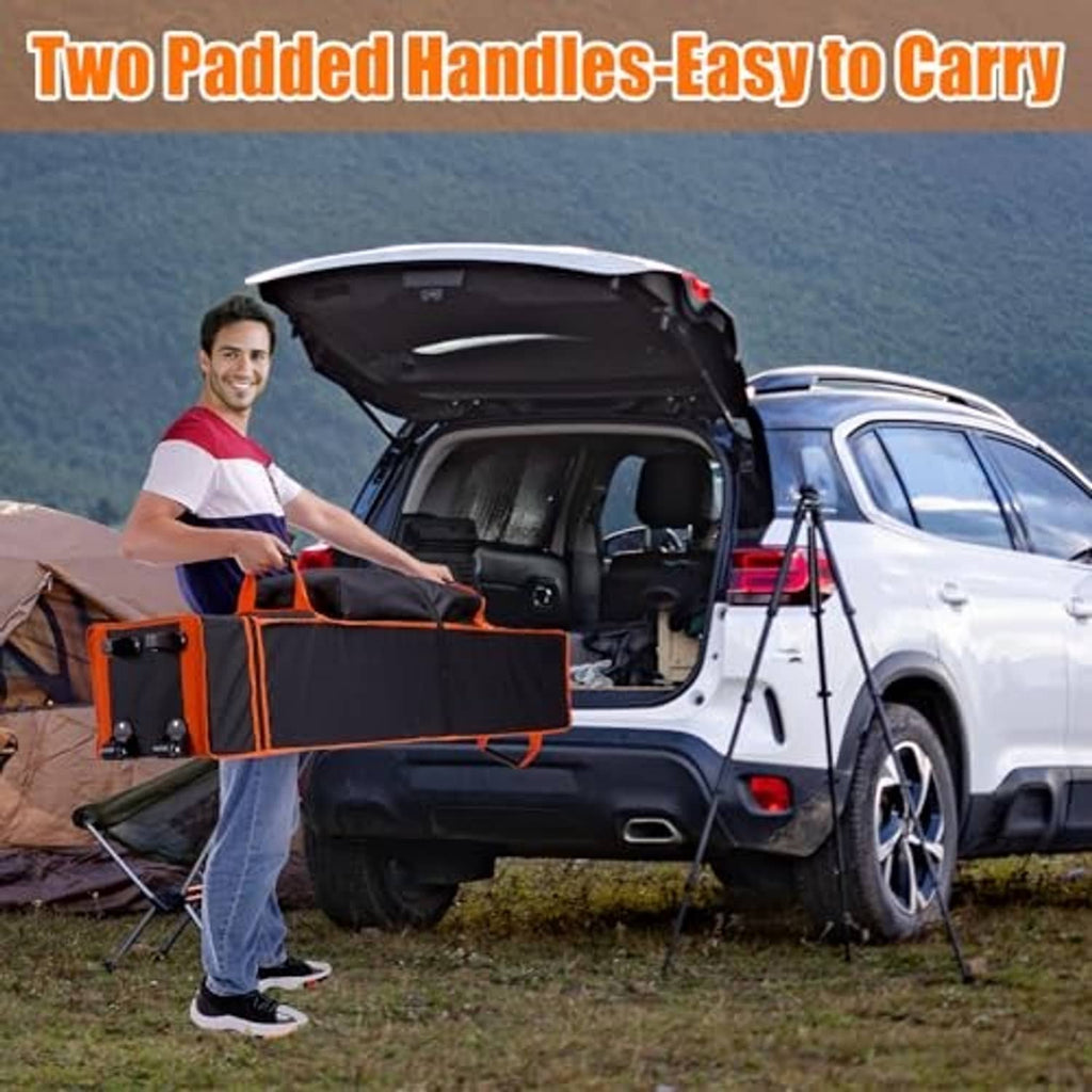 Black and orange wheeled storage bag with two padded carry handles and zip-front, upright.