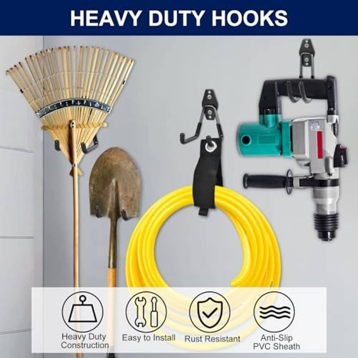 Heavy-duty black garage hooks with curved arms and anti-slip grip design icons