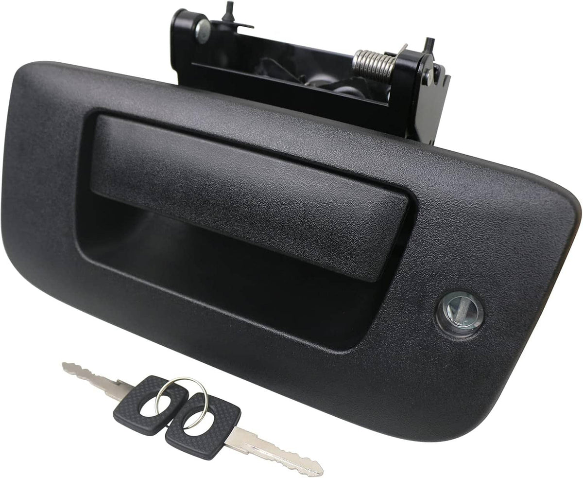Black tailgate lock handle with cylinder and matching key set