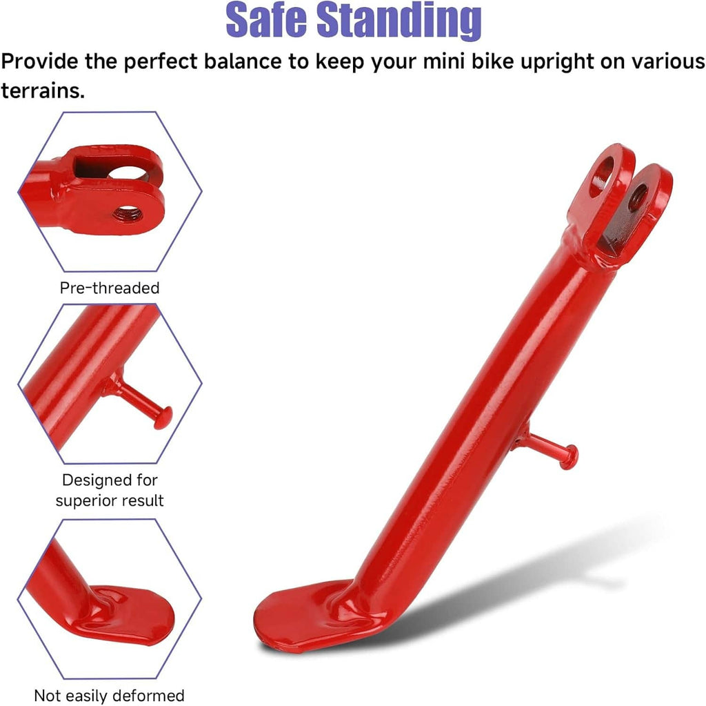 Red mini bike kickstand leg with mounting holes and side spring attachment