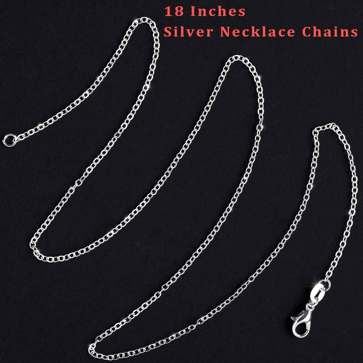 Silver-plated necklace chains, long oval-link style with small lobster clasp ends.