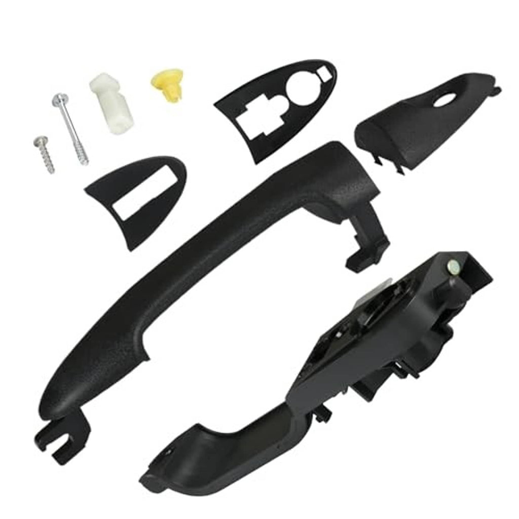 Exterior door handle kit with black handle and separate trim pieces, plus small fasteners