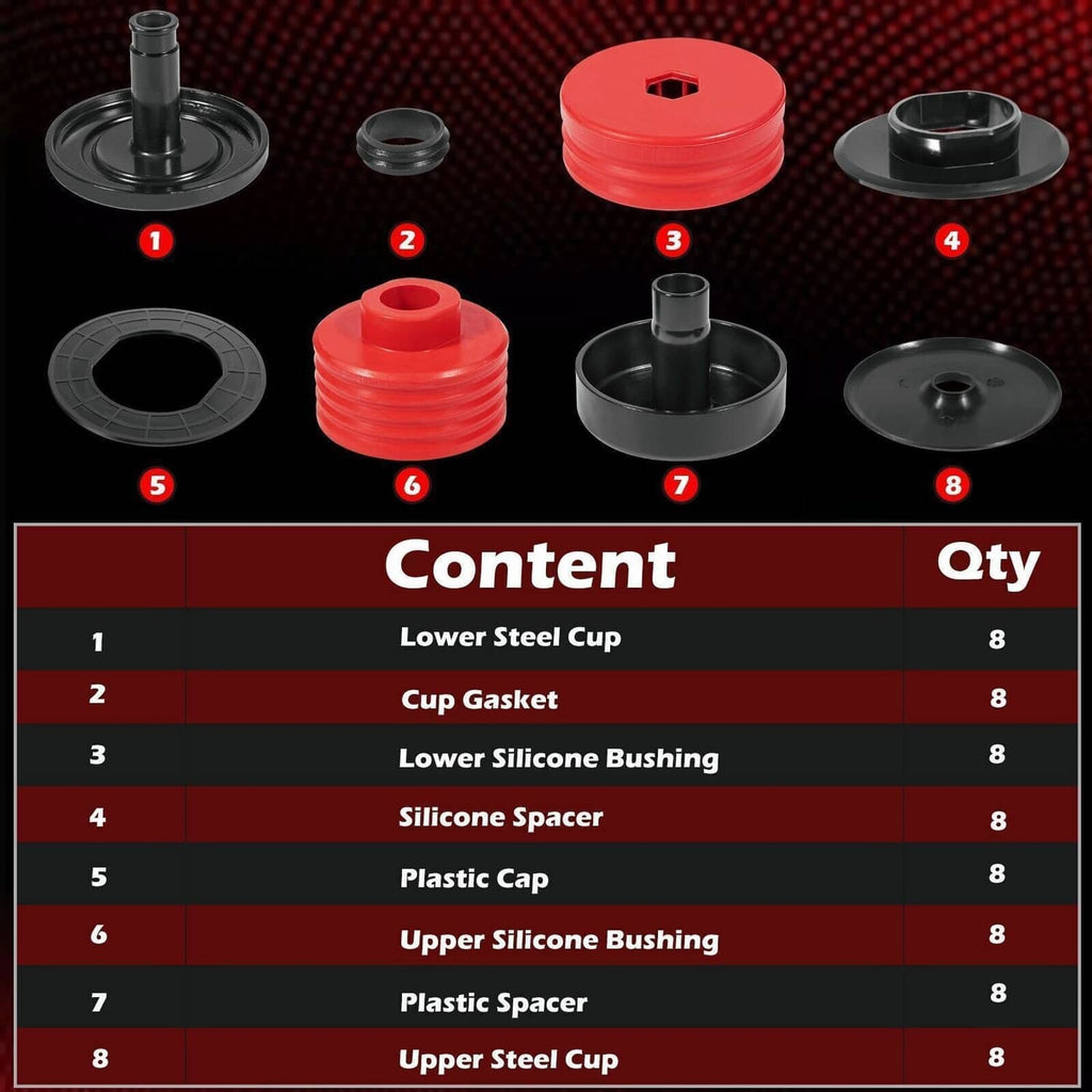 Body mount bushing kit components: black cups, red silicone bushings, plastic spacers