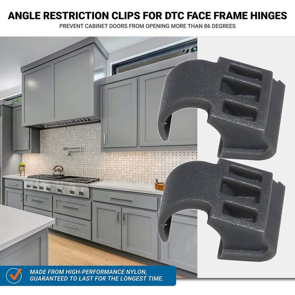 Two black DTC angle restriction clips for face frame hinges, nylon pieces shown together.