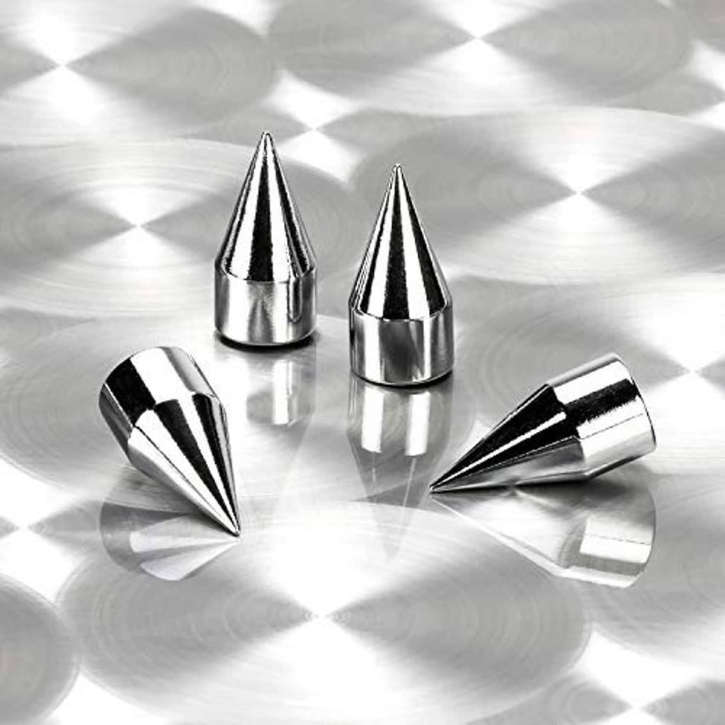 Four silver chrome spiked valve caps with glossy pointed cone shapes