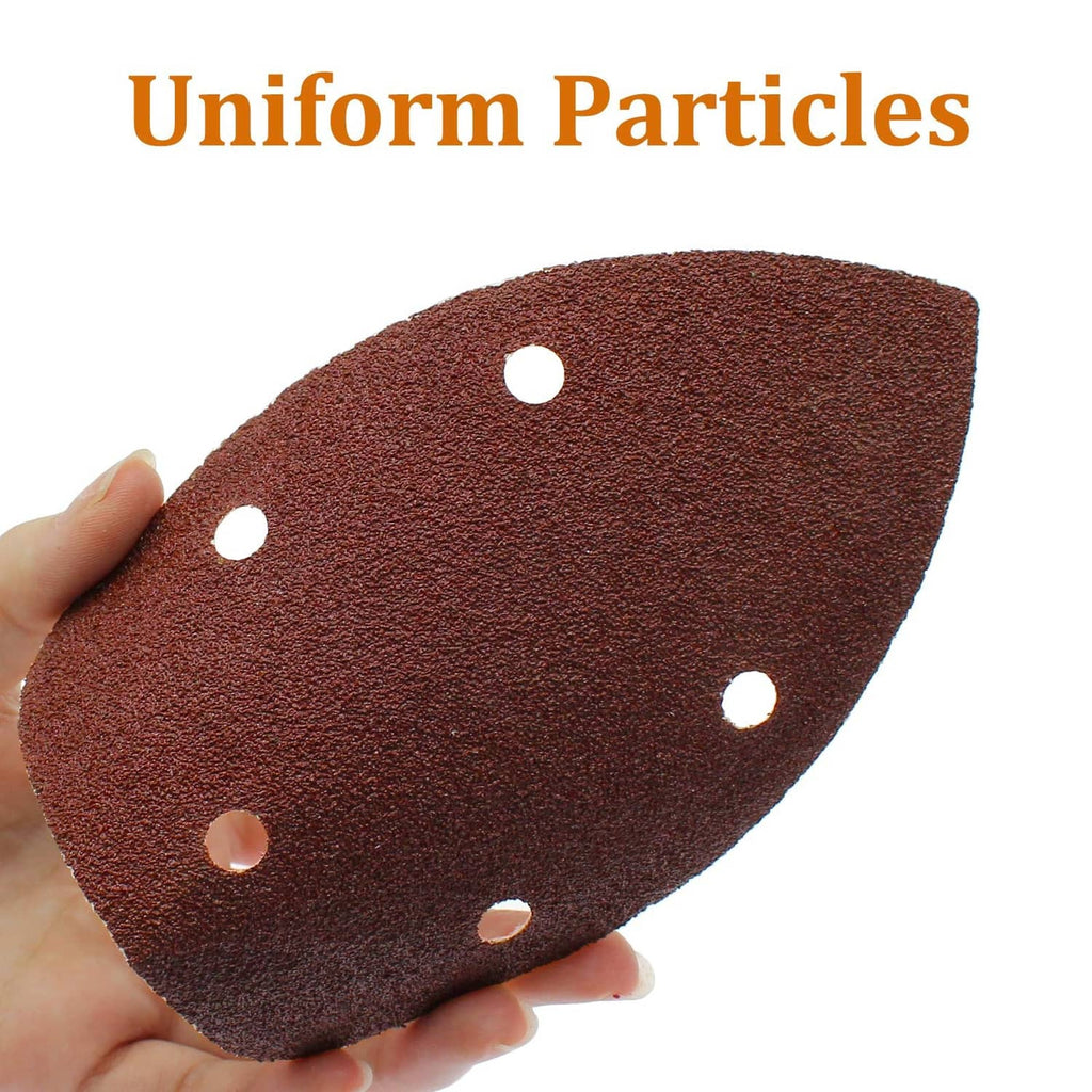 Triangular dark red-brown sanding sheet, five holes, fine uniform abrasive texture