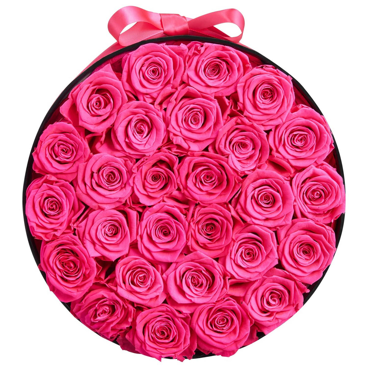 Round box preserved rose bouquet with pink roses and pink ribbon
