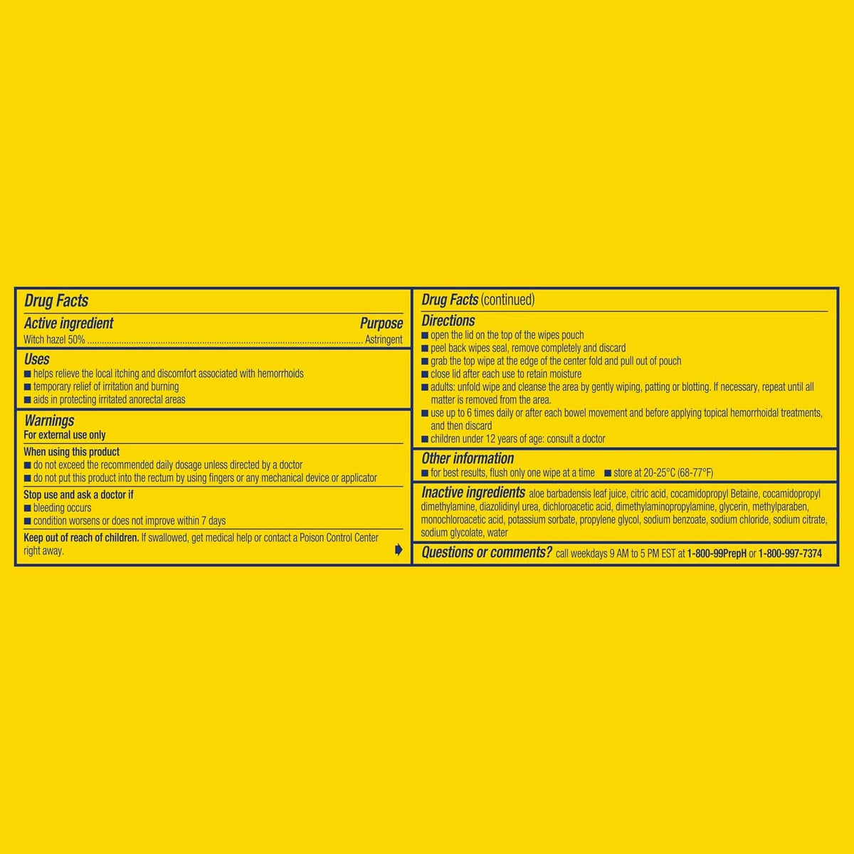 Preparation H medicated hemorrhoidal wipes drug facts panel on back pouch