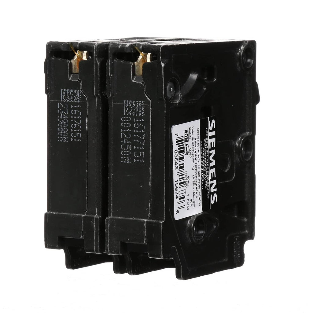 Black Siemens circuit breaker with barcode label and side terminals, double pole