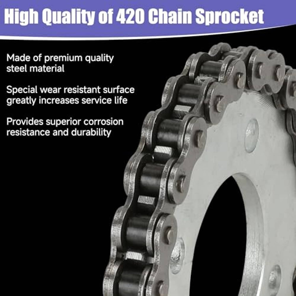 Silver 420 chain and sprocket set, close-up showing metal link plates