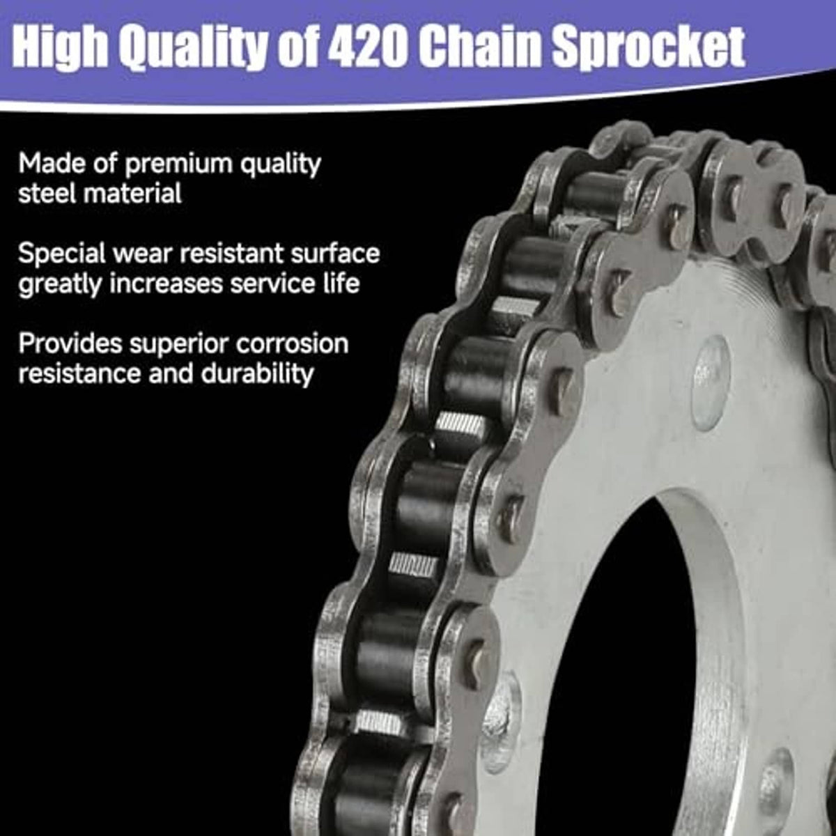 Silver 420 chain and sprocket set, close-up showing metal link plates