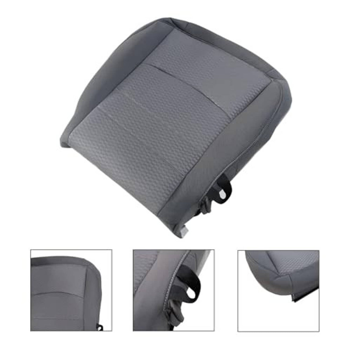 Dark gray cloth seat cover with foam cushion and mounting tabs, angled view.