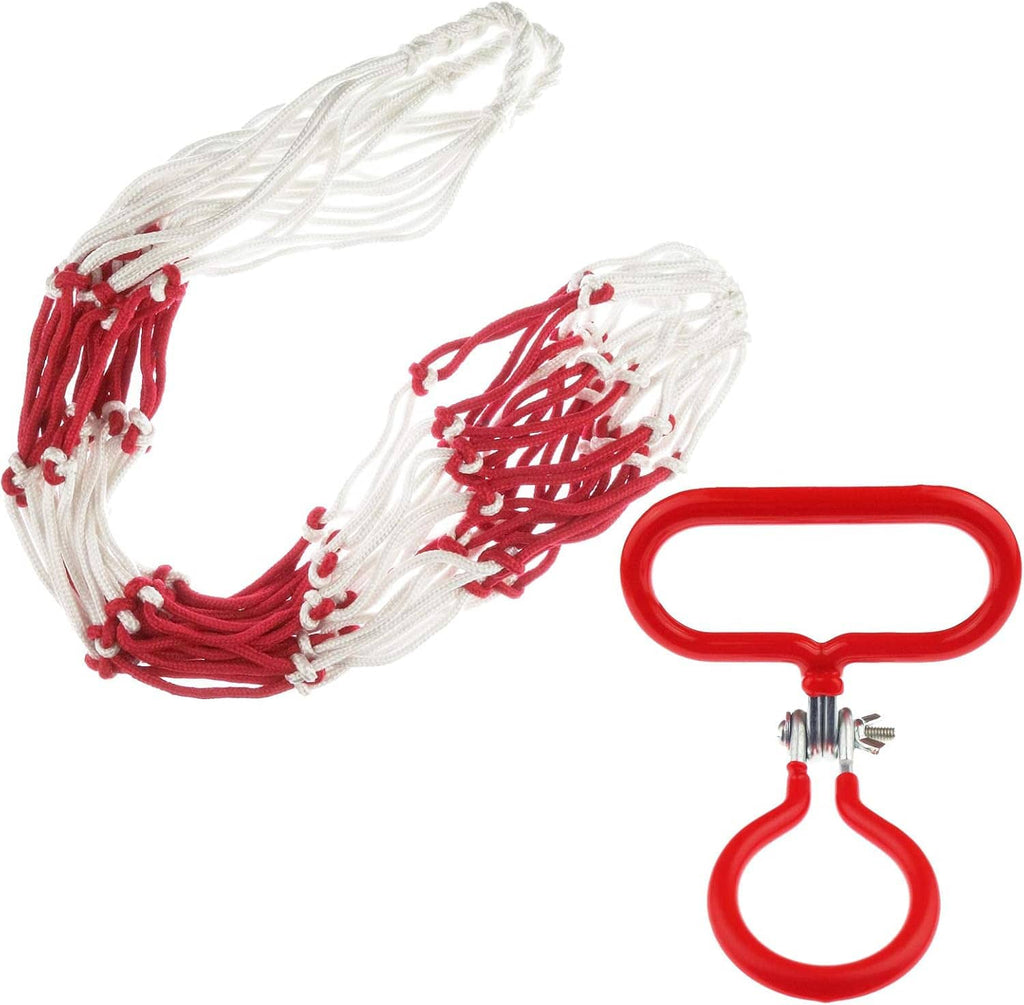 Carboy strap and handle set: white rope, red cuffs, and metal attachment clips