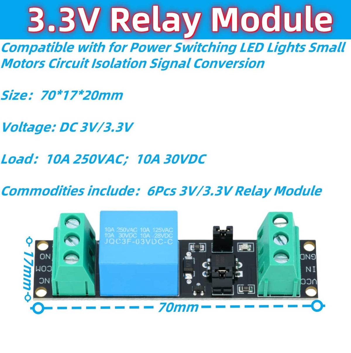 3.3V 1-channel relay module PCB with blue relay, green screw terminals, indicator