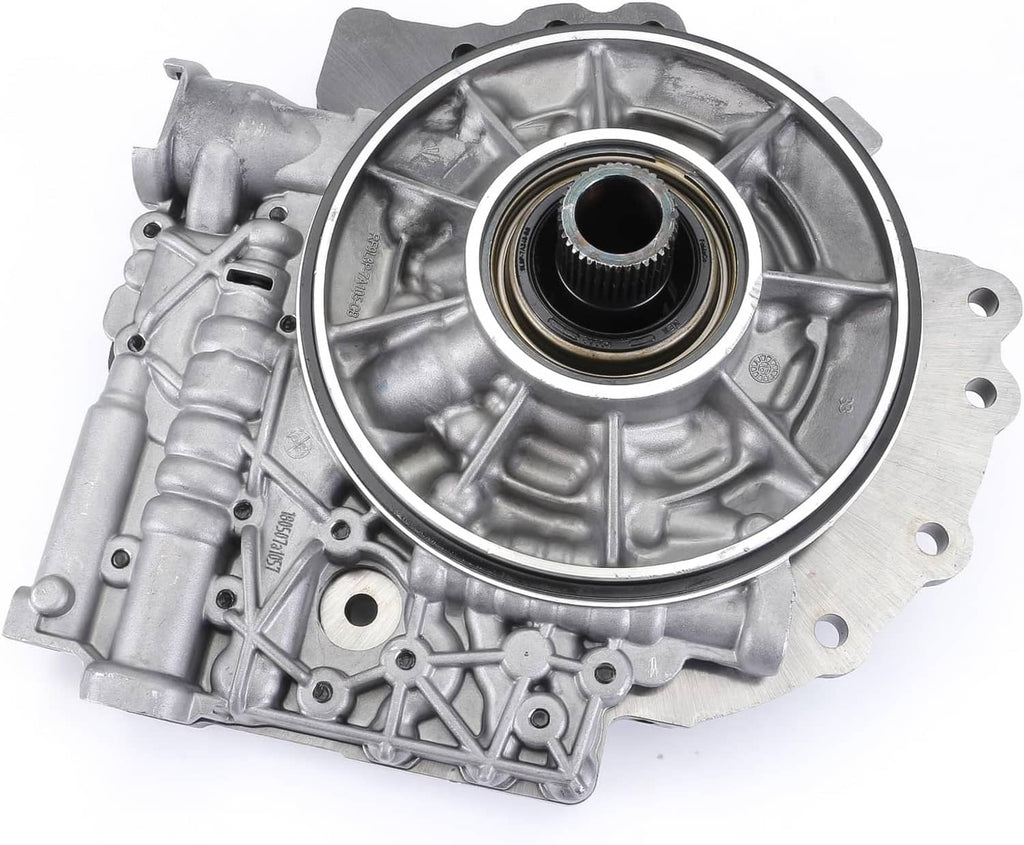 Transmission pump assembly metal housing with circular front cap and shaft opening, side view