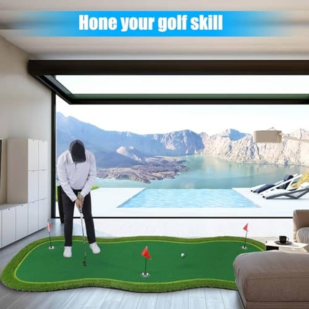 Large green putting practice mat with golf holes and red flags, indoor use