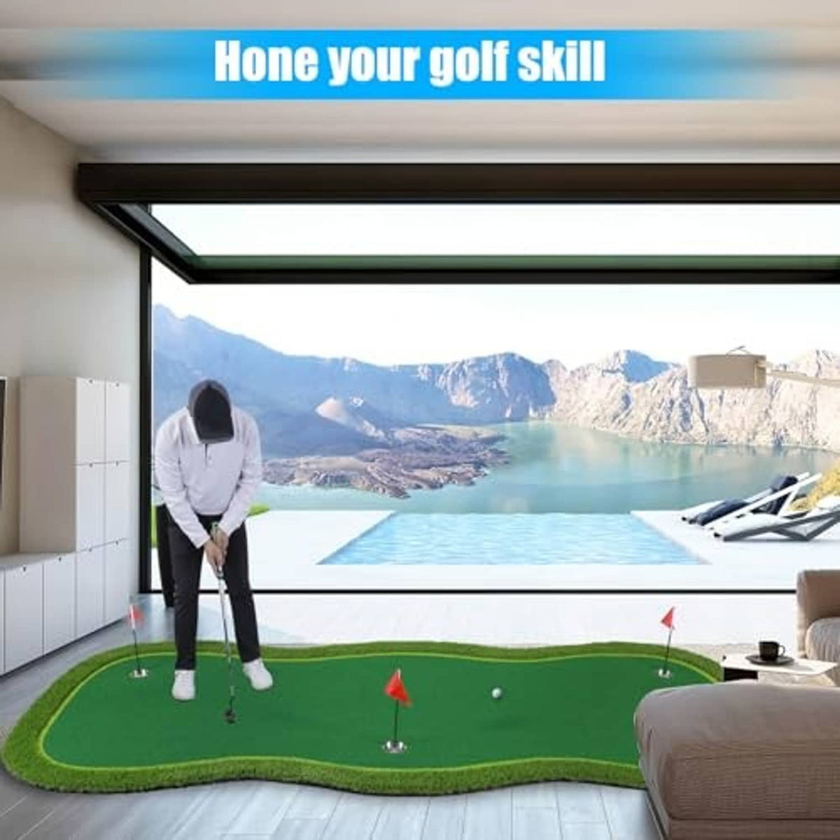 Large green putting practice mat with golf holes and red flags, indoor use