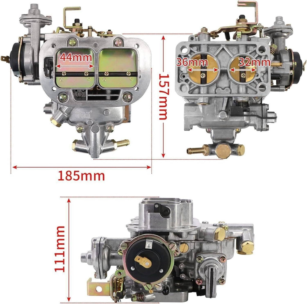 Two-barrel carburetor shown front and side with size labels and detailed airflow passages.