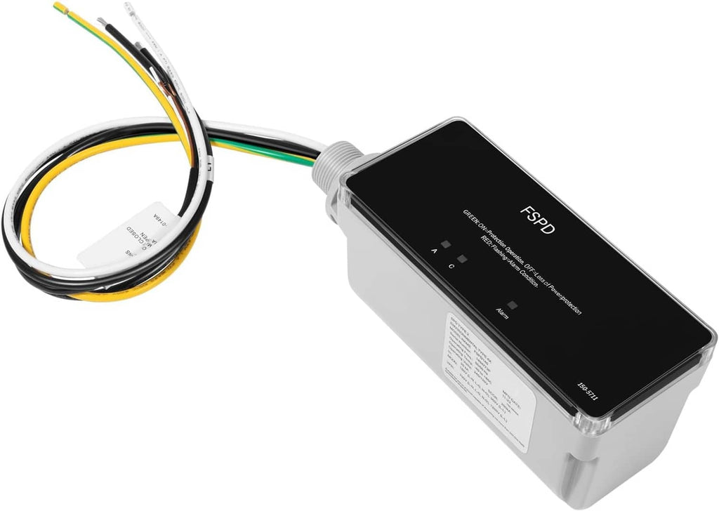 Surge protection device with black front panel, white housing, and bundled wire leads