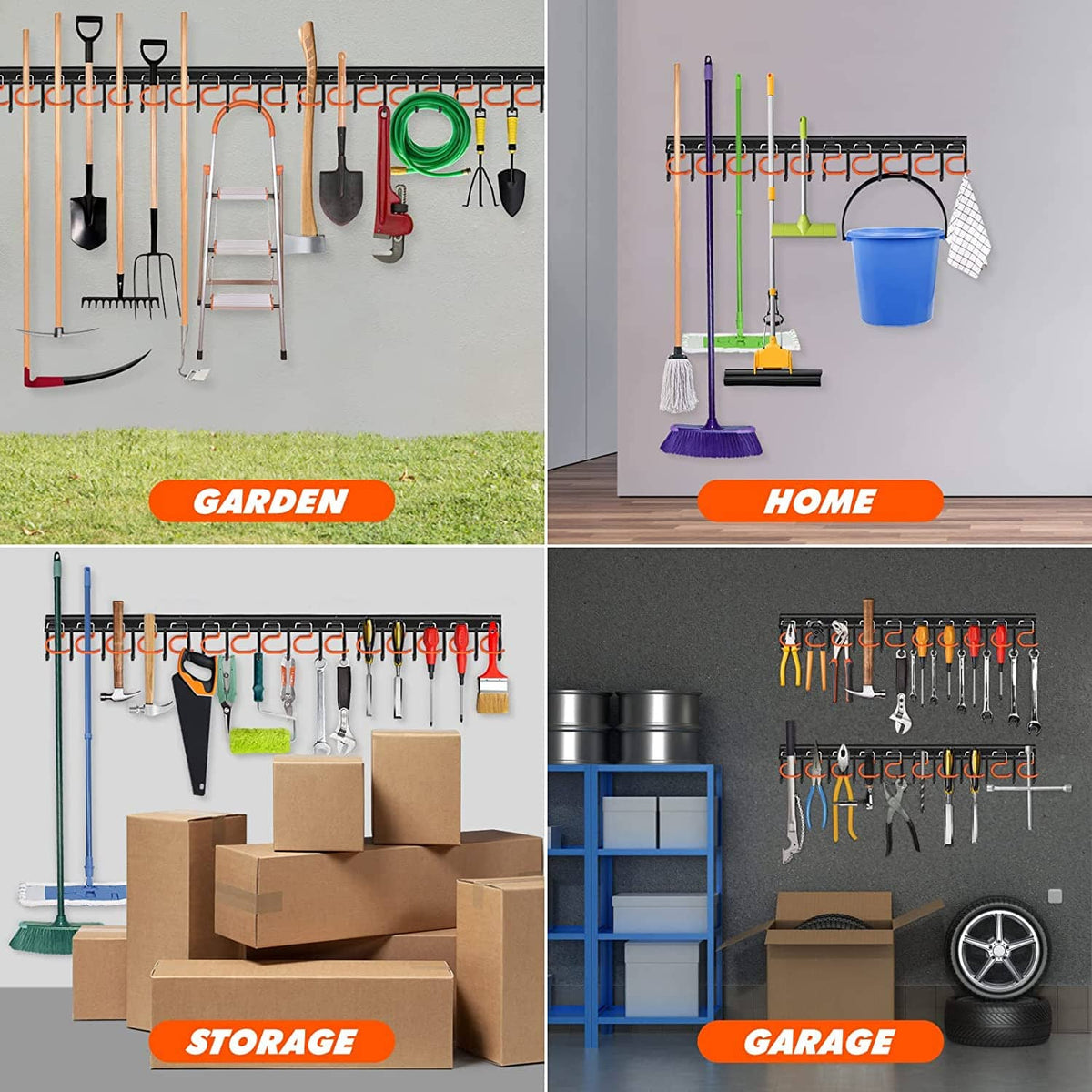 All-metal tool organizer wall rack with colorful hooks, holding yard tools and cleaning items