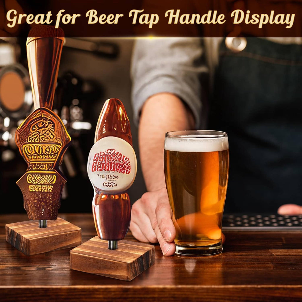 Set of pine wood beer tap handle displays holding decorative beer tap handles